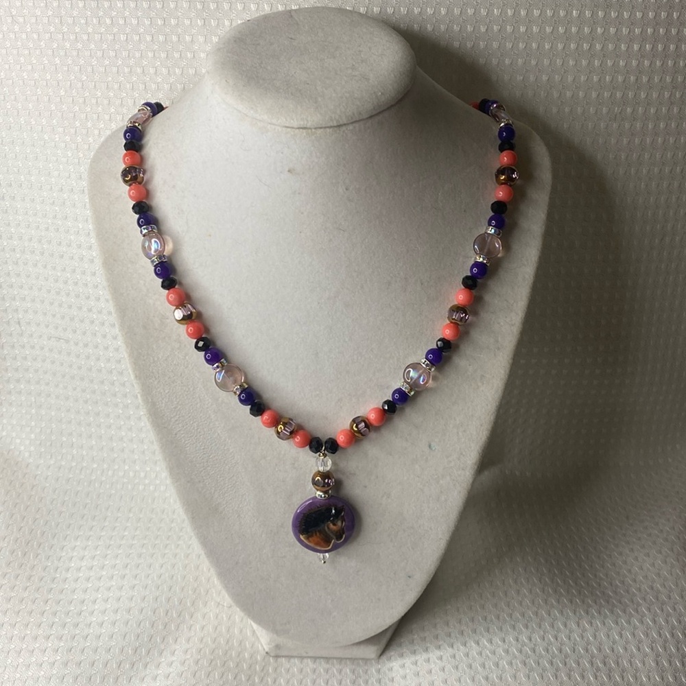 Handcrafted “The Horse” Necklace w/Coral and Purple Quartz